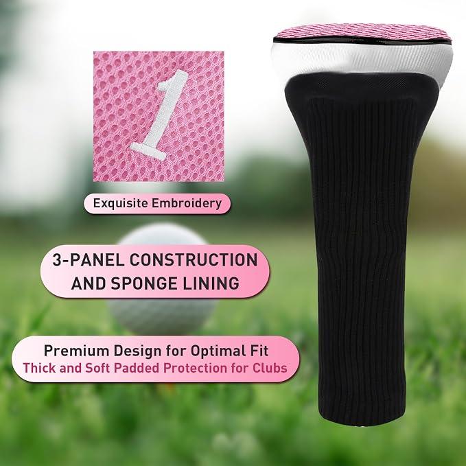 Golf Club Head Covers for Woods Driver Fairway Hybrids Value 6 Pack, Long Neck for Serious Protection with Interchangeable Tags 3 4 5 7 X, Headcovers for Men Women in Black & Pink