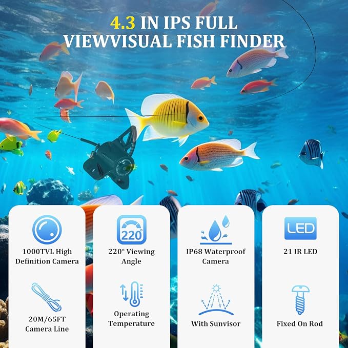 Underwater Fishing Camera, 4.3 Inch LCD, Infrared Night Vision, Wide Angle IP68 Waterproof Portable Fish Camera for Ice, Lake, Boat & Kayak Fishing (Black)