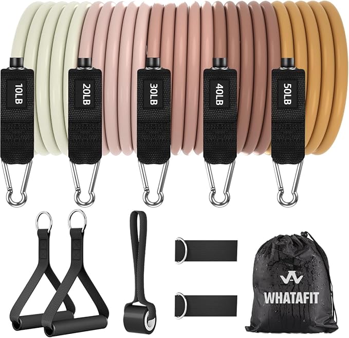 WHATAFIT Resistance Bands, Exercise Bands, Workout Bands with Handles, Door Anchor and Ankle Straps, 5 Resistance Levels Fitness Bands for Strength Training, Physical Therapy, and Home Gym Equipment
