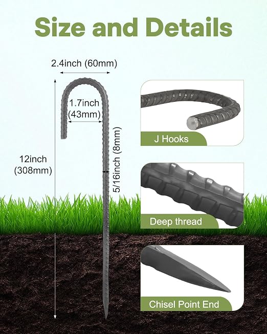 20 Pcs J Jook Rebar Stakes 12 Inch, 5/16" Diameter Chain Link Fence Stake Tent Stake, Heavy Duty Ground Anchors for Camping, Inflatables, Canopies, Swing Sets, Yard Decorations