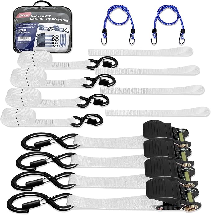 Heavy Duty 1" x 15' Ratchet Straps (4 Pack) - 2200 lb Break Strength with Soft Loops & Coated S-Hooks for Truck, Trailer, Motorcycle, ATV, UTV, Boat, Car Accessories (White)