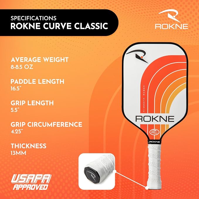 ROKNE Curve Classic Pickleball Paddle | USAPA Approved Fiberglass Pickleball Paddles | Precision Engineering & Comfort | ProGrit Texture for Max Spin & Power | Paddle