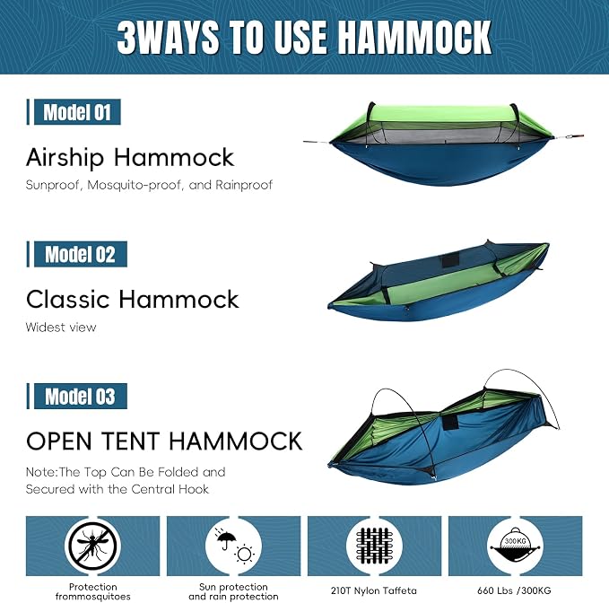 Professional Camping Hammock with Mosquito Net, Lightweight Portable Double, with Two 10 FT Hammock Tree Straps, 210T Nylon,Rain and Sun Protection,Hammock for Camping, Hiking, Yard, Backpacking