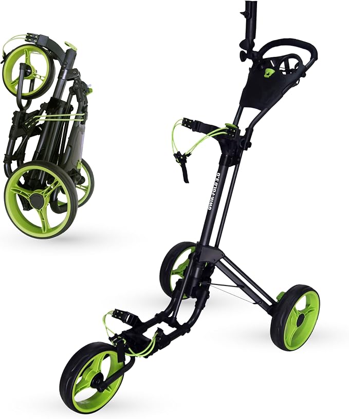 Qwik-Fold 3-Wheel Golf Push Cart with Foot Brake – 1-Second Fold & Unfold Folding Golf Trolley, Lightweight Aluminum Frame, Adjustable Handle, Ball-Bearing Wheels, Umbrella Holder & Storage