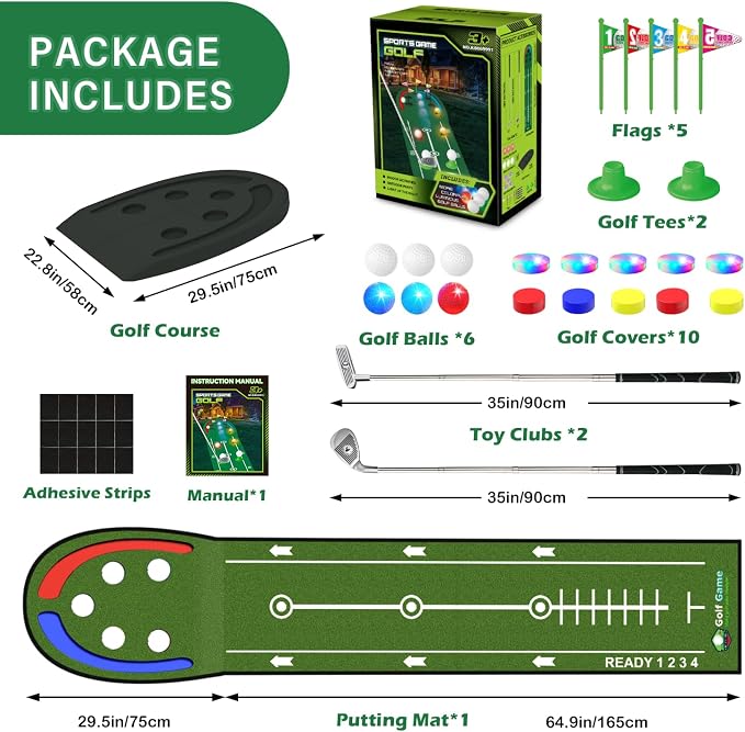 VATOS Upgraded Golf Putting Mat Indoor for kids - Golf Game Set with LED Balls, Glow Cups, Irons & Putters, Portable Putting Green Outdoor for Home Backyard Office Party, Golfing Gifts for Kids Adults