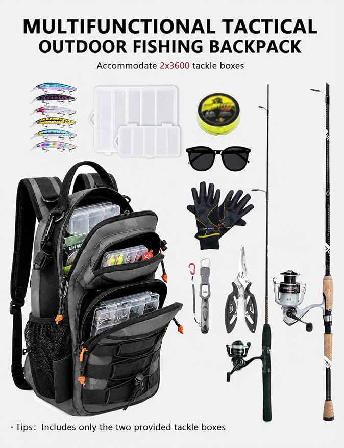 2 in 1 Compact Tactical Fishing Backpack with Tackle Boxes, Lightweight Waterproof Tackle Bag Fit 2 * 3600 Tackle Boxes, 2 Rod Holders Storage, Fishing Accessories Gift for Men Gray