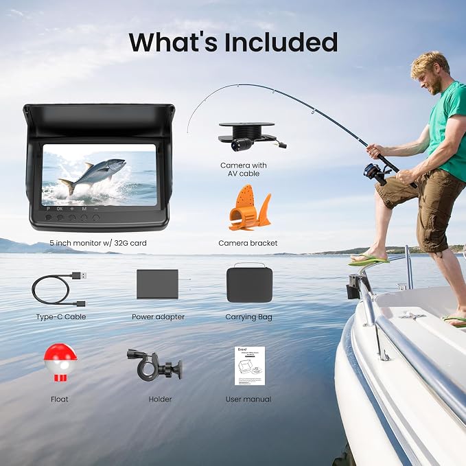 Eyoyo Underwater Fishing Camera 5-Inch: 720P DVR Recording 32GB, 8 IR Night Lights, 10000mAh Battery, 66 FT Cable Portable Fish Finder for Lake, Boat, Ice Fishing Gear