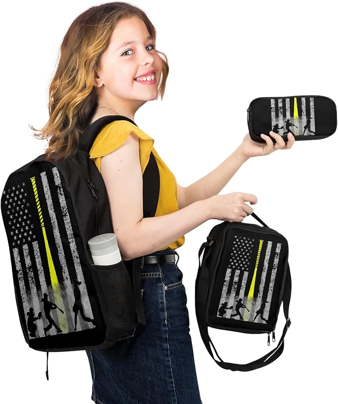 Giwawa Baseball American Flag Backpack Set 3 Pcs Patriotic USA Sporty Lightweight Bookbag Insulated Lunch Box Organizer for Athletes Students Sports Events Study Back to School Day Travel