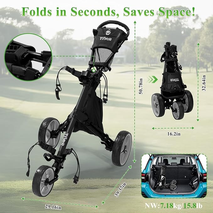 Tivor 3 Wheel Golf Push Cart, Lightweight Push Cart Golf One-Click Folding, Adjustable Height Pushcart for Golf Bags, Compact Design for Ladies, Junior Golfers