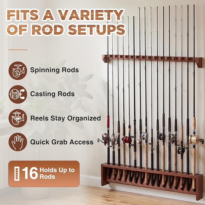 Sintuff 1 Pair 16-position Fishing Rod Rack, Wall Mount Pole Holder, Solid Red Oak Wood Rack, Walnut Finish, Space-saving Fishing Pole Storage, 16 Rod Max Capacity, for Garage, Home