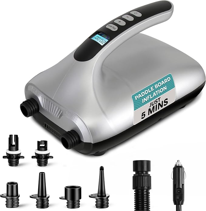 Paddle Board Pump Electric - Portable 20 PSI Dual-Stage Air Compressor for Super Fast Inflation and Deflation, Auto-Off, LCD Display and 12V Car Connector - for SUP, Boats & Inflatables