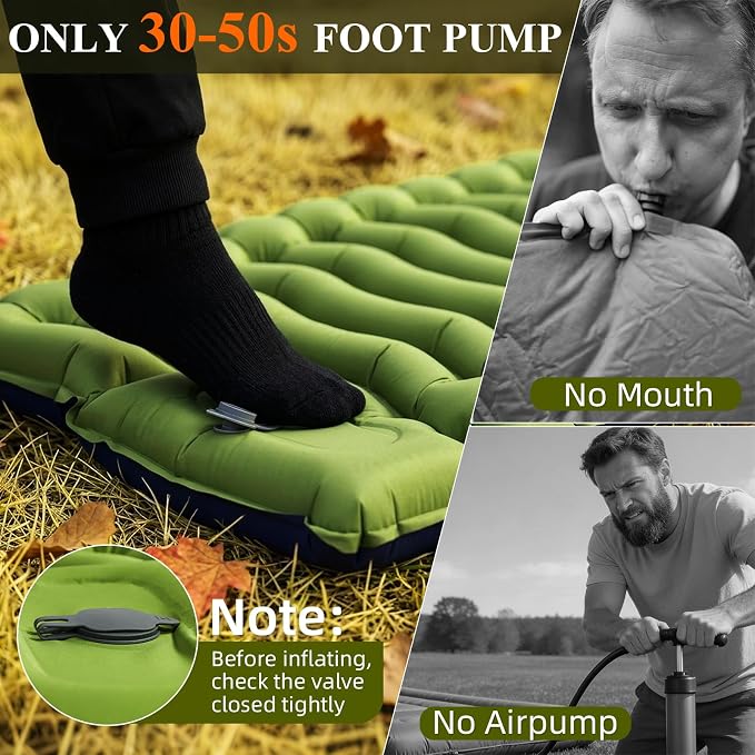 Camping Sleeping Pad, Ultralight Inflatable Sleeping Mat with Pillow & Foot Pump, Extra Thick Compact Camping Mattress for Hiking, Backpacking & Tent Use, Dual-Colored Design (Green)
