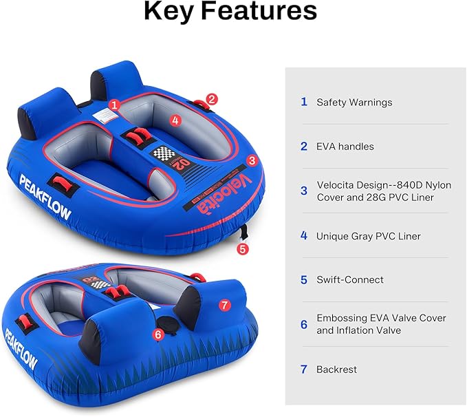 PEAKFLOW Towable Tube,Boat Tube,2 Person Models,Tubes for Boating,Lake & Ocean Fun, Inflatable Boat Tubes and Towables,65x60Inches Inflated,Velocita Series
