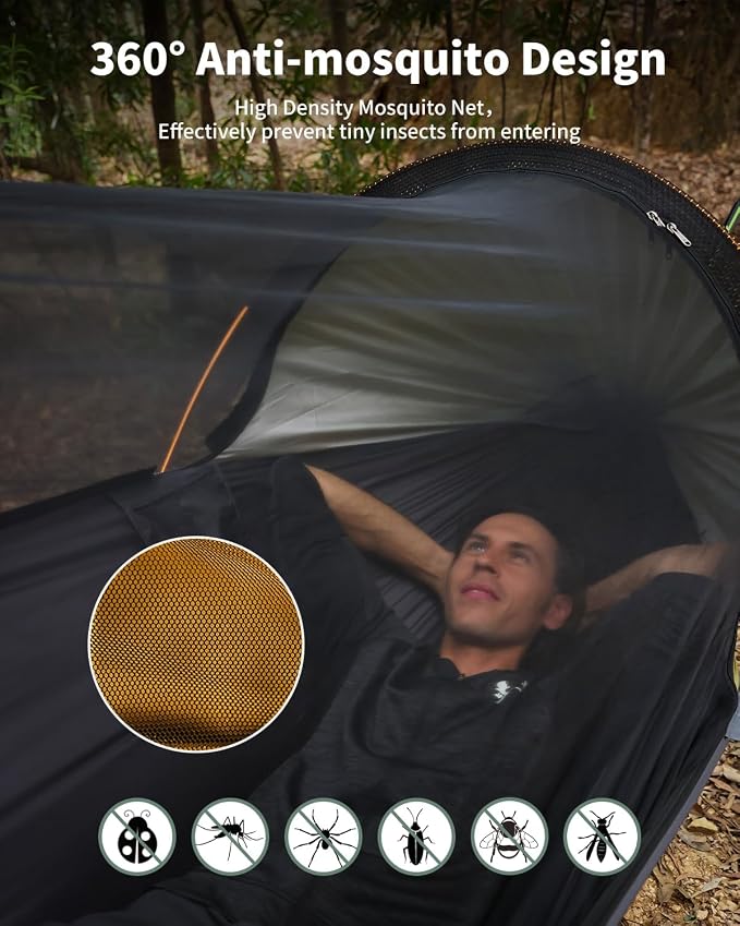 Camping Hammock Tent with Mosquito Net and Removable Sunshade, 4 in 1 Function, Lightweight Hanging Hammocks Tree Straps Swing, Bivvy Ground Tent for Outside, Hiking, and Travel