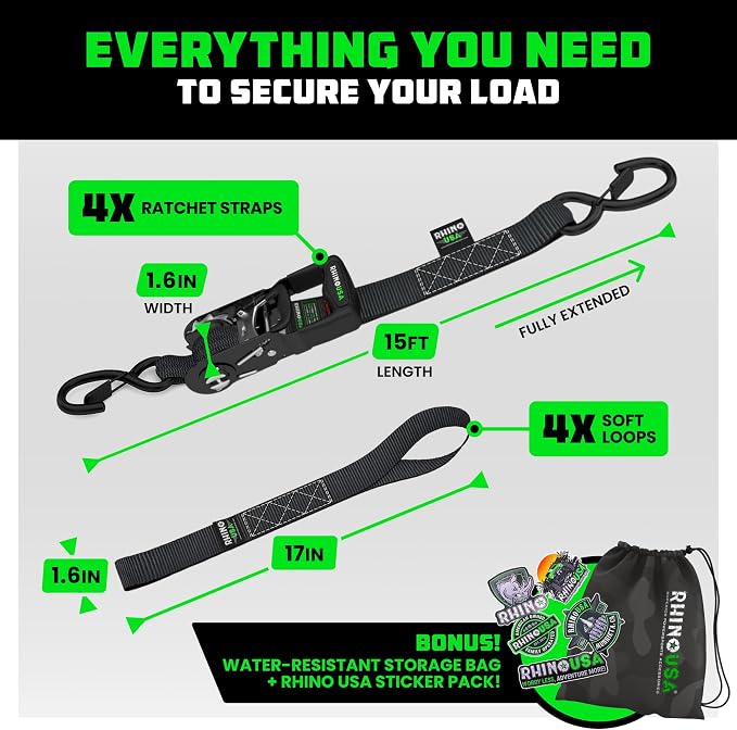 Rhino USA Ratchet Straps Heavy Duty Kit (4-Pack) - 1.6 Inch x 15 Feet Min Break Strength (5,000) - Ultimate Tie Down Straps with Safety S Hooks for Trucks, ATV, UTV, Motorcycle, Cargo & More - Black