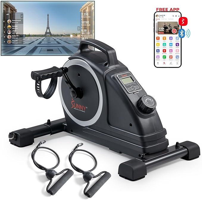 Sunny Health & Fitness 2-in-1 Smart Magnetic Pedal Exerciser, Compact Indoor Under-Desk Mini Exercise Bike for Full Body Cardio Workout and Physical Therapy, Free SunnyFit Training App Connection