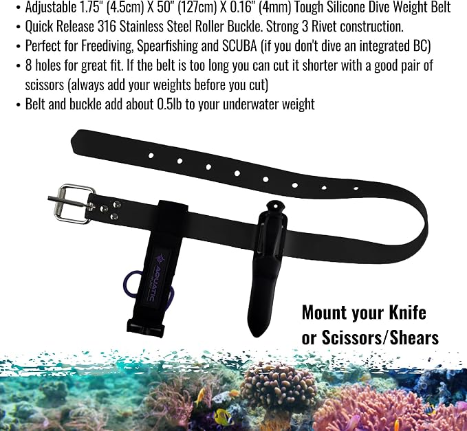 50" (1.27M) Black Silicone Dive Weight Belt with 316 Stainless Steel Roller Buckle