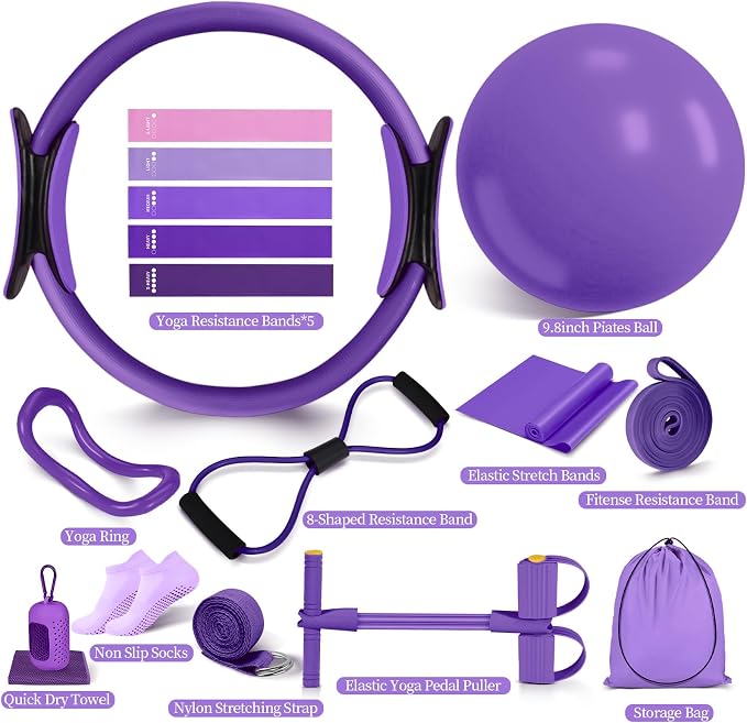 Pilates Essentials Kit for Women 15 Pcs Pilates Equipment for Home Workouts with Yoga Circle Ball Ring, 5 Resistance Bands,Pedal Puller Resistance Band,Anti Slip Socks for Starter Set