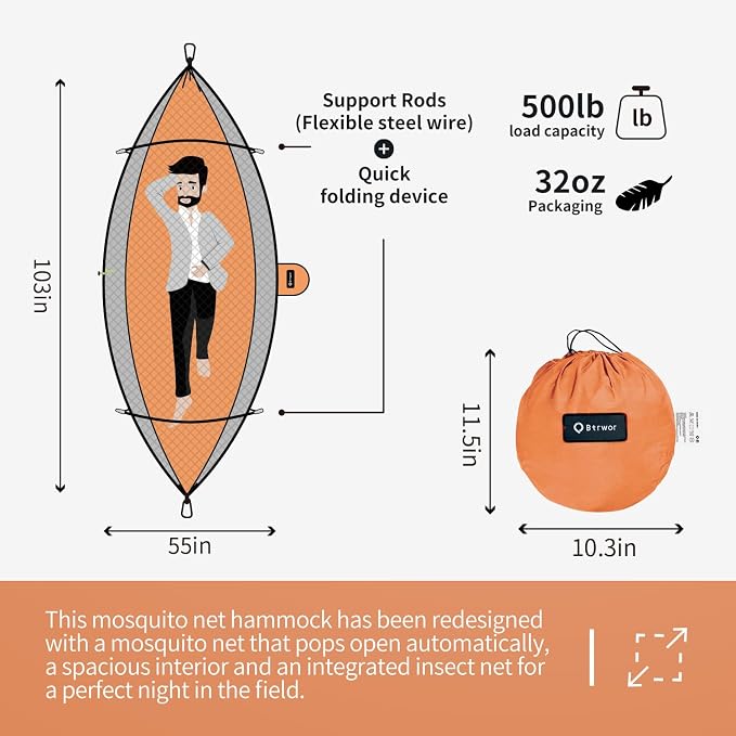 Hammock with Mosquito Net - Lightweight, Portable, 1 Person Hammock - for Camping, Hiking, Backpacking, Travel, a Festival, or The Beach (Orange)