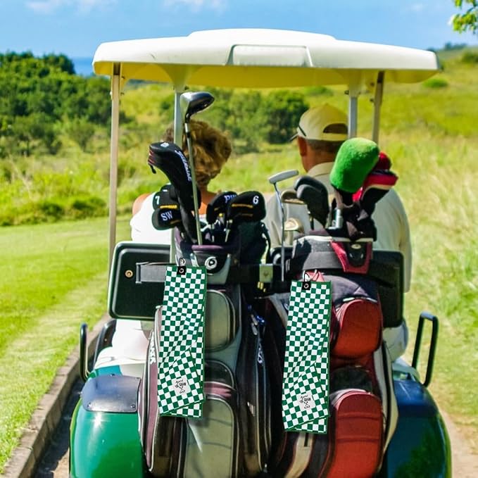 Against The Grain 2 Pack Microfiber Waffel Pattern Golf Towels with Clip – (12"x20") Green & White Checkered Design, Golf Accessories for Men, Green Golf Towel