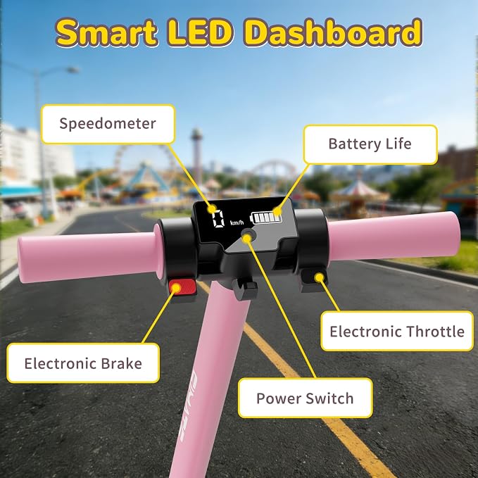 SIMATE Electric Scooter for Kids 6-14, e Kick Scooter with LED Display and Colorful Lights, Adjustable Height and Foldable, Double Brake, Gifts for Kids Girls Boys