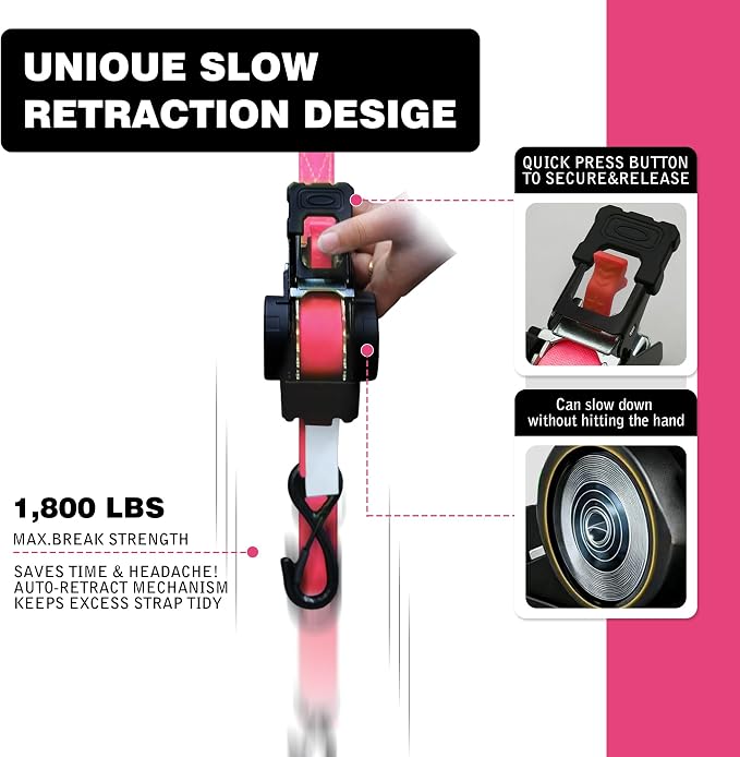 Retractable Ratchet Straps1In x 13Ft - Heavy Duty Auto Slow Retraction Tie Down Straps - 1,800lb Break Strength Self Retracting for Truck, Cargo Trailer, Motorcycle, ATV, UTV - Pink, 4Pack