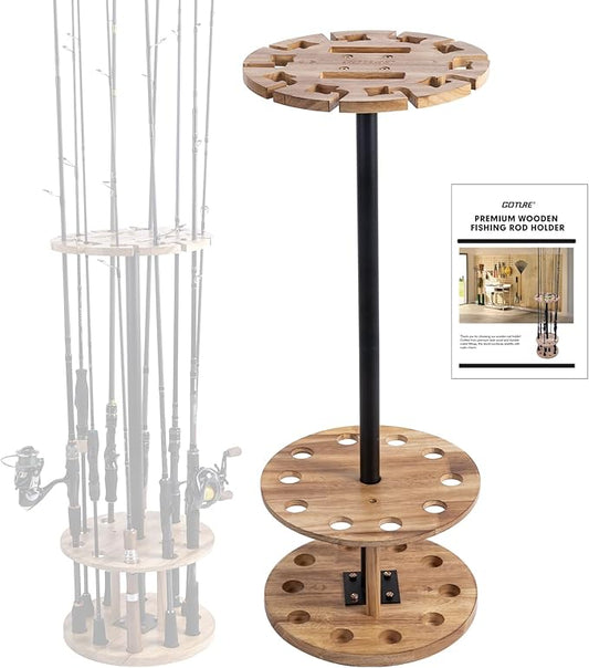 Goture Round Fishing Rod Holders for Garage, Floor Stand Holds up to 10 Rods, 2 Built-in Grooves, Solid Rubber Wood Fishing Gear Equipment Storage Organizer, Ideal Fishing Gift for Men Women