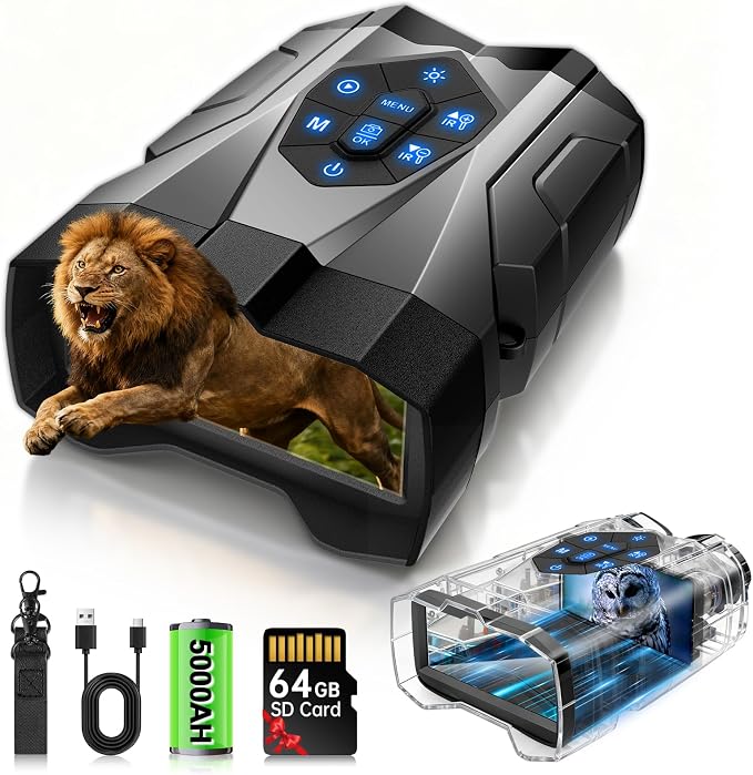 Night Vision Goggles, 4K Night Vision Binoculars for Adults with 5000mAh Battery, Upgraded 16X Zoom 9X Infrared Binoculars with 64GB Card for Photo & Video,Ideal for Camping Wildlife Observation