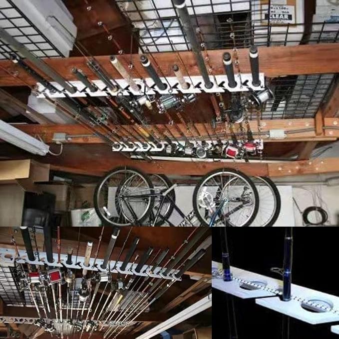 HEITIGN 2Pcs 10 Hole Fishing Rod Storage Racks, Wall or Ceiling Mount, Silver Plastic Fishing Rod Display Stand for Garage