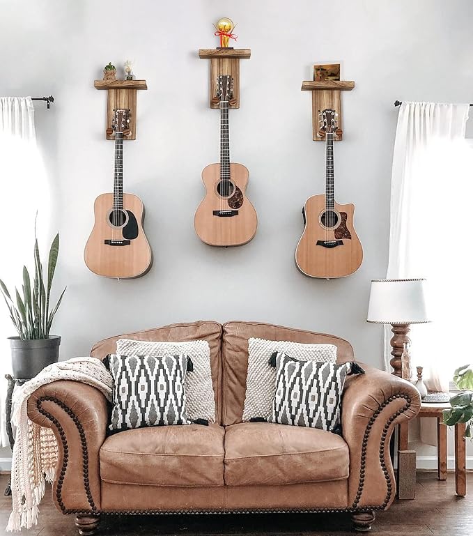 Keebofly 3-Pack Guitar Wall Mount Hangers - Rustic Wood Brown Guitar Stand with Pick Holder - Acoustic, Electric, Ukulele, Bass & Mandolin [Patented]