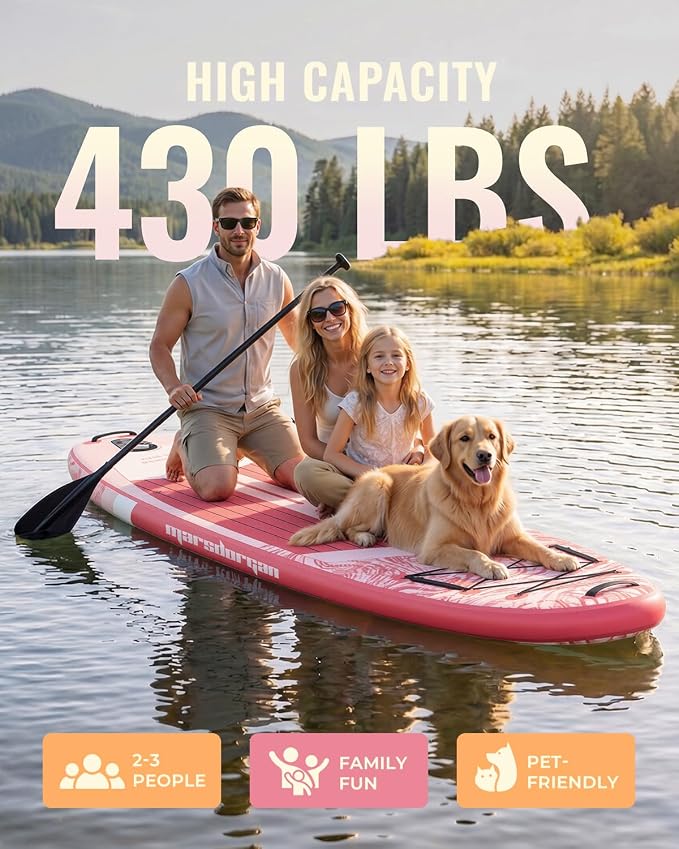 11'x34 Inflatable Paddle Board for Adults Youth, Extra Wide 430LBS Capacity SUP, Stable 2-3 Person Family for Lake Ocean Fishing Surfing Yoga, Includes Accessories