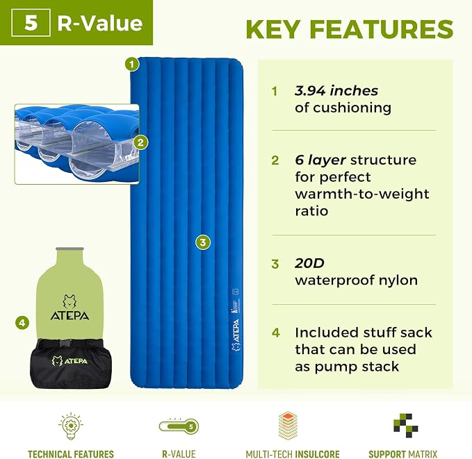 ATEPA ThermAir Pro 5 R-Value Insulated Sleeping Pad, Ultralight 4-Season Backpacking Air Mattress, 4” Thick Quiet Camping Sleeping Mat with Pump Sack, Wide Long 77”x25”
