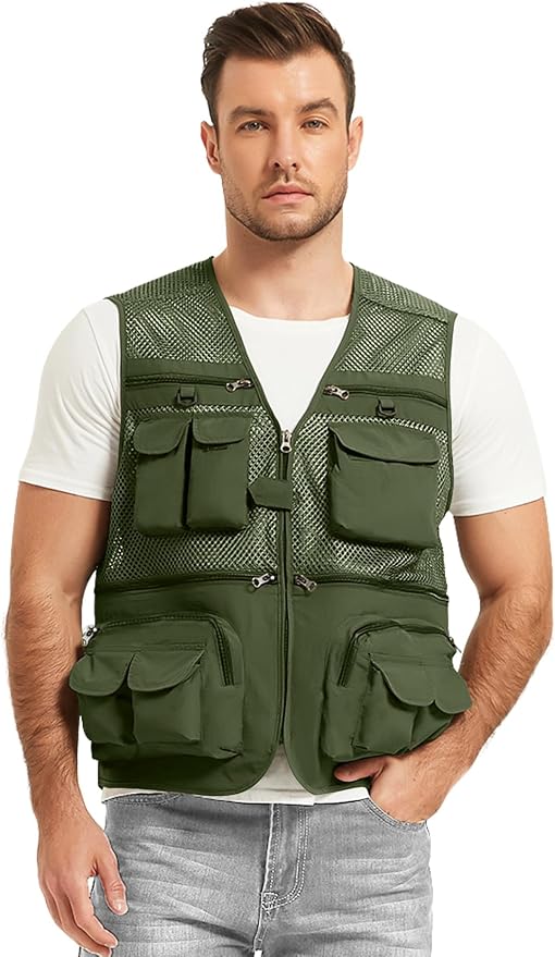 Flygo Men's Fishing Vest Utility Lightweight Outdoor Travel Safari Photo Cargo Vest with 16 Pockets