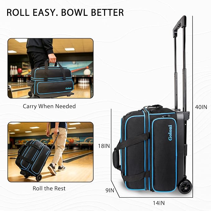 Goloni Double Roller 2 Ball Bowling Bag with Separate Shoe Compartment,2 Ball Bowling Bag with Wheels,Retractable Handle Extends to 40"