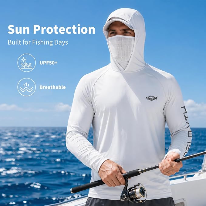 Palmyth Men's Fishing Hoodie Shirt UPF 50+ Quick-Dry Breathable Long Sleeve | Long Sleeve Fishing Shirt, UPF 50+ Sun Protection, Quick-Dry Fabric, Breathable Mesh Back, Built-in Face Mask, 4-way Stretch