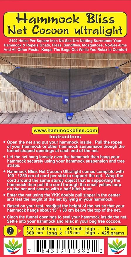 Hammock Bliss Net Cocoon Ultralight -The Ultimate Lightweight Hammock Bug Net Canopy for Your Camping Hammock with Insect Proof No See Um Mesh – Make Hammock Camping A Bug Free Experience