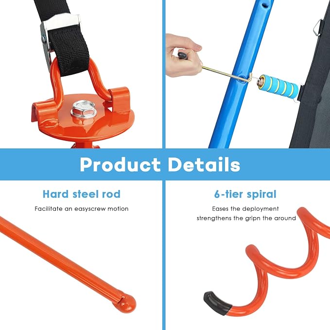 MIXXIDEA 17.5 Inch Gound Anchors Screw in, Metal Spiral Earth Anchors Kit, Heavy Duty Folding Ring Spiral Stake with Straps, Ground Stakes for Tent (Orange, 17.5 Inch with 92in Strap)