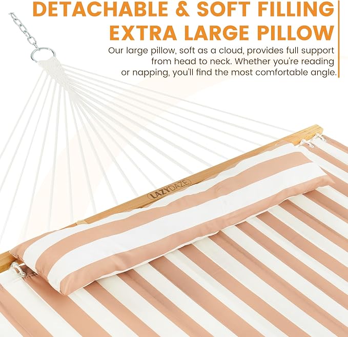 Lazy Daze 12 FT Quilted Double Hammock with Spreader Bar, 2-Person, Outdoor Hammock for Patio, Poolside, Backyard, Beach, 450 lbs Capacity, Beige White