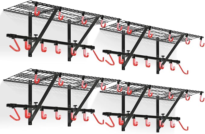 PLKOW Garage Wall Shelving 4-Pack Includes Bike Hooks, Sturdy Adjustable Garage Shelving Wall Mount Wall Organizer (Black, 4-Pack)
