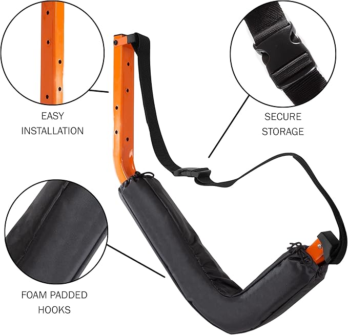 Kayak Storage Hooks - Set of 2 Wall Mount Garage Hangers - 125lbs Capacity Rack for Paddleboards, Surfboards, or Snowboards by Rad Sportz (Orange)