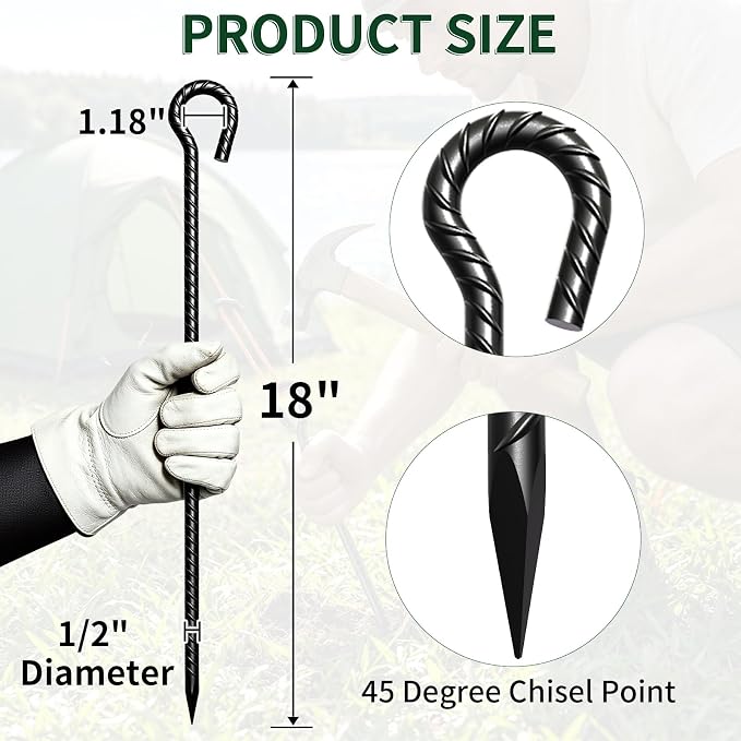 18 Inch Rebar Stakes 1/2" Diameter 12 Pack Heavy Duty Tent Stakes with Loop | Ground Stakes for Camping Canopy Trampoline, Garden Tree Support, Dog Tie Out, Black