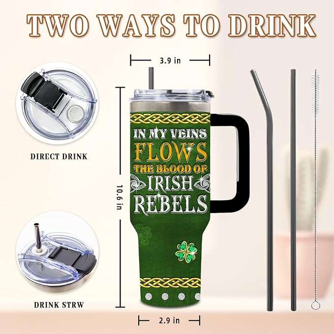 DUUV St Patricks Day Tumbler 40oz, Insulated St Patricks Gift for Women | In My Veins Irish Rebels Cup Gifts for Men Women Husband Dad Leakproof, Four Leaf Clover Design Gift Mug, 1 Pack