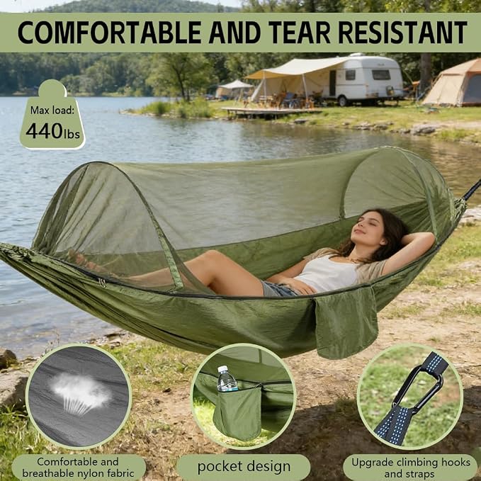 Camping Hammock with Mosquito Net - Double & Single Portable Hammocks with 2 Tree Straps, Lightweight Hammock Tent for Outdoor Camping, Hiking, Backpacking, Beach & Backyard (Army Green)