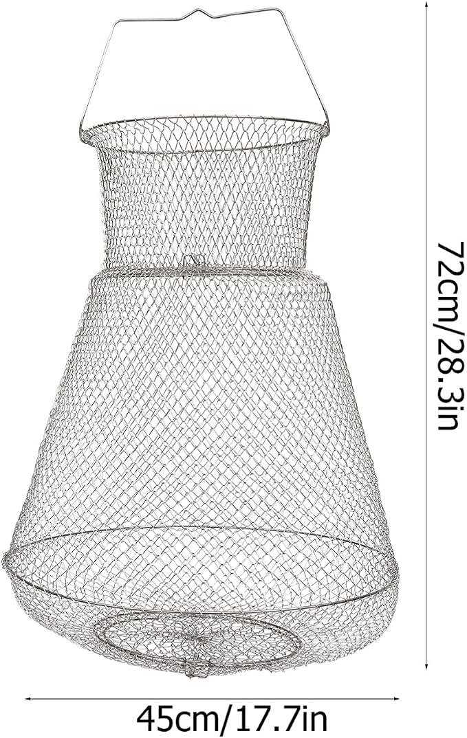 Extra Large Wire Fish Basket, 28X18 inches Fishing Net Cage Collapsible, Crabs Basket Trap Holder for Live Caught Fish, for Seawater, River, and Boat Fishing, Stainless Steel Galvanized, Silver