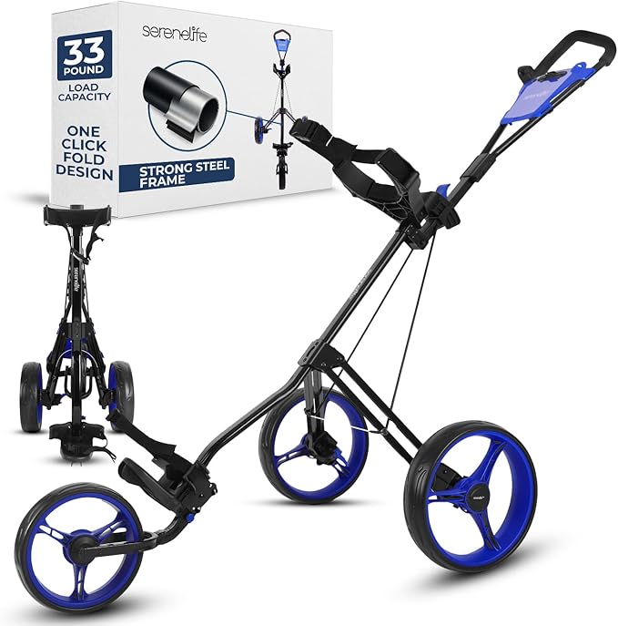 SereneLife Golf Push Pull Cart – Lightweight, Foldable, Bag Holder with Adjustable Handle, Caddy Accessories, Compact Folding Golf Trolley for Travel