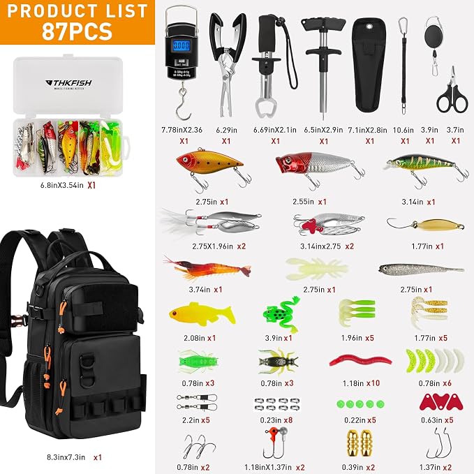 THKFISH Fishing Backpack with Rod Holder, Fishing Tool Kit, Water-Resistant Bag With Fishing Lures Kit, Fishing Tackle Box and Pliers Set for Men Women (Black-87pcs)