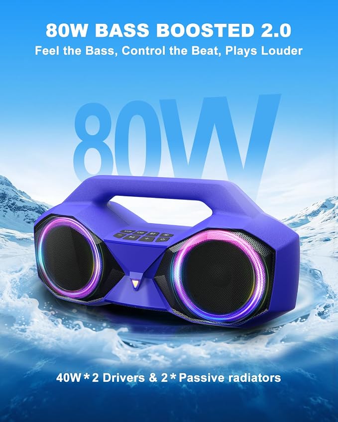 OZJ Bluetooth Speaker Outdoor Loud: 80W(Peak) with Bass, Portable Wireless Speaker with IPX7 Waterproof, 20H Playtime, RGB Lights, TWS for Outside, Beach, Work (Purple)
