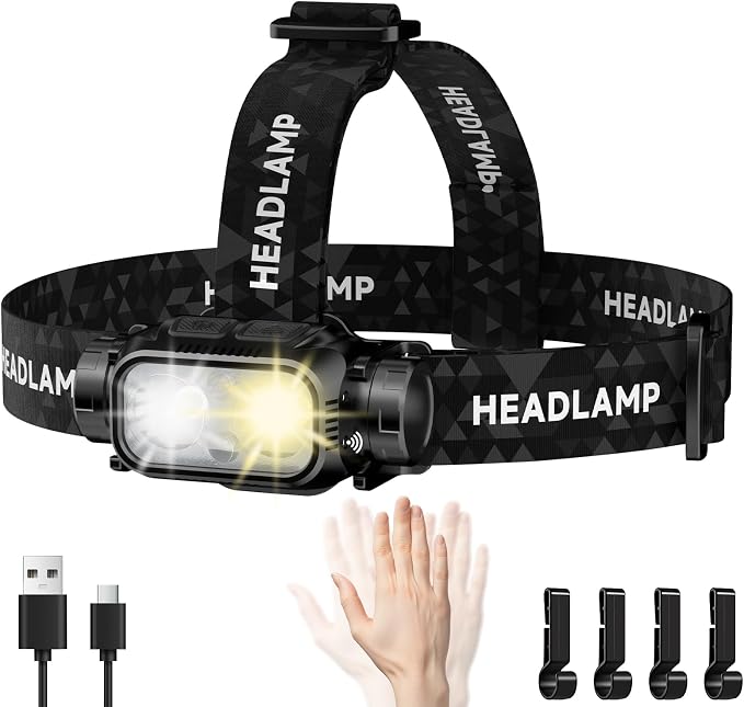 ATDOALL Rechargeable LED Headlamp, High Lumen Super Bright Head Lamp with Red Light, Motion Sensor, 5 Modes, 90° Adjustable, Waterproof Lightweight Headlamps for Adult Running, Camping, Fishing
