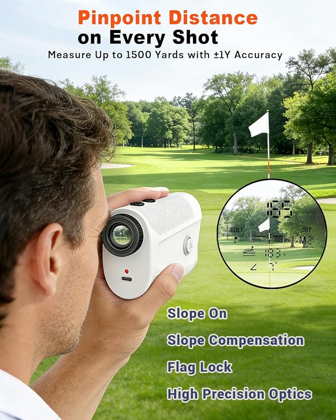 Golf Rangefinder with Slope - 1500 Yard Laser Range Finder for Golfing & Hunting, High-Precision Flag Locking Vibration, 7X Magnification, USB-C Rechargeable, Built-in Magnetic Strip