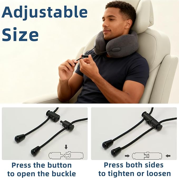 Ergonomic Travel Neck Pillow for Airplane, Memory Foam Support for Long Haul Flight Headrest, Soft Compact U Shaped for Adult Men Plane Sleeping, Portable Carry Box, Eyemask, Earplugs, Size L